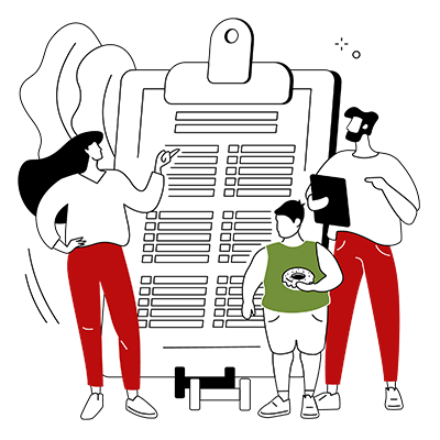 Vector illustration of a group reviewing a lesson plan on a floating clipboard, symbolizing collaborative and organized SAT preparation.