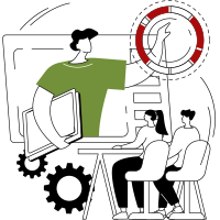 Vector illustration of two students engaged in a video lesson, highlighting the interactive and visual approach of SAT prep courses.